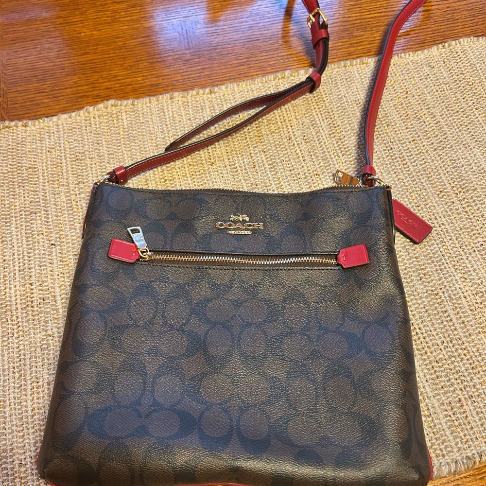 Coach Brown and Red Crossbody Bag with Signature Monogram